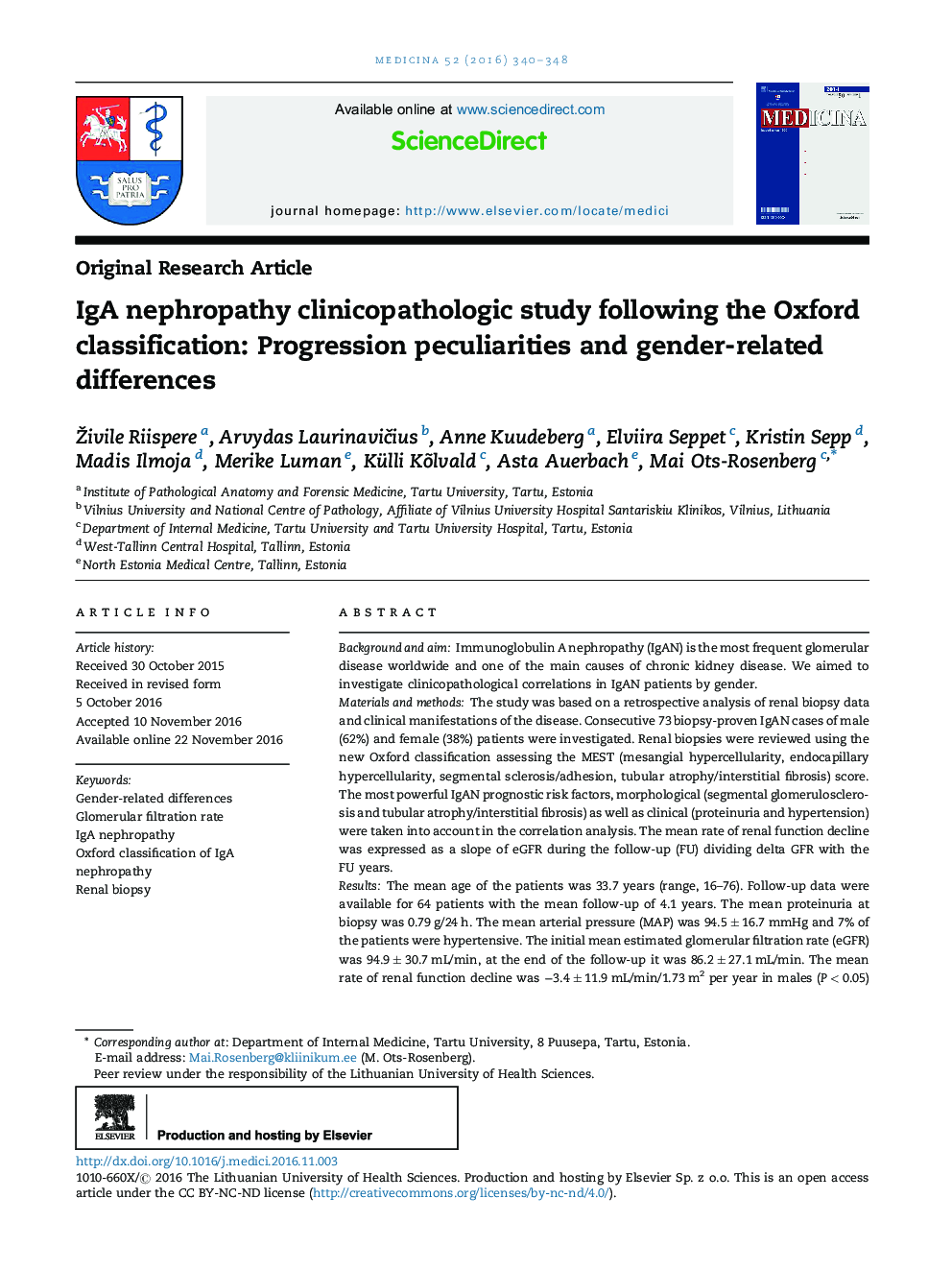 IgA nephropathy clinicopathologic study following the Oxford classification: Progression peculiarities and gender-related differences