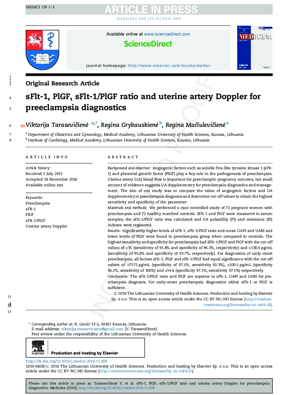 sFlt-1, PlGF, sFlt-1/PlGF ratio and uterine artery Doppler for preeclampsia diagnostics