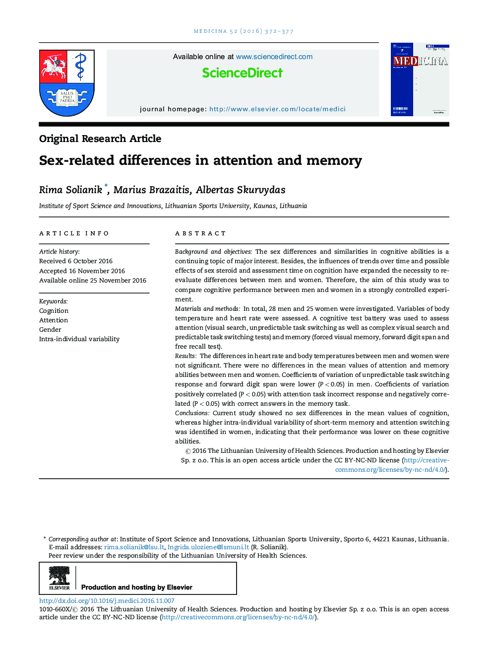 Sex-related differences in attention and memory