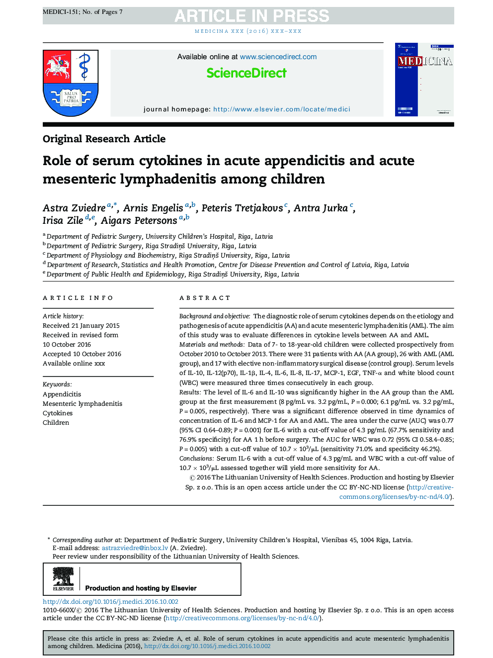 Role of serum cytokines in acute appendicitis and acute mesenteric lymphadenitis among children