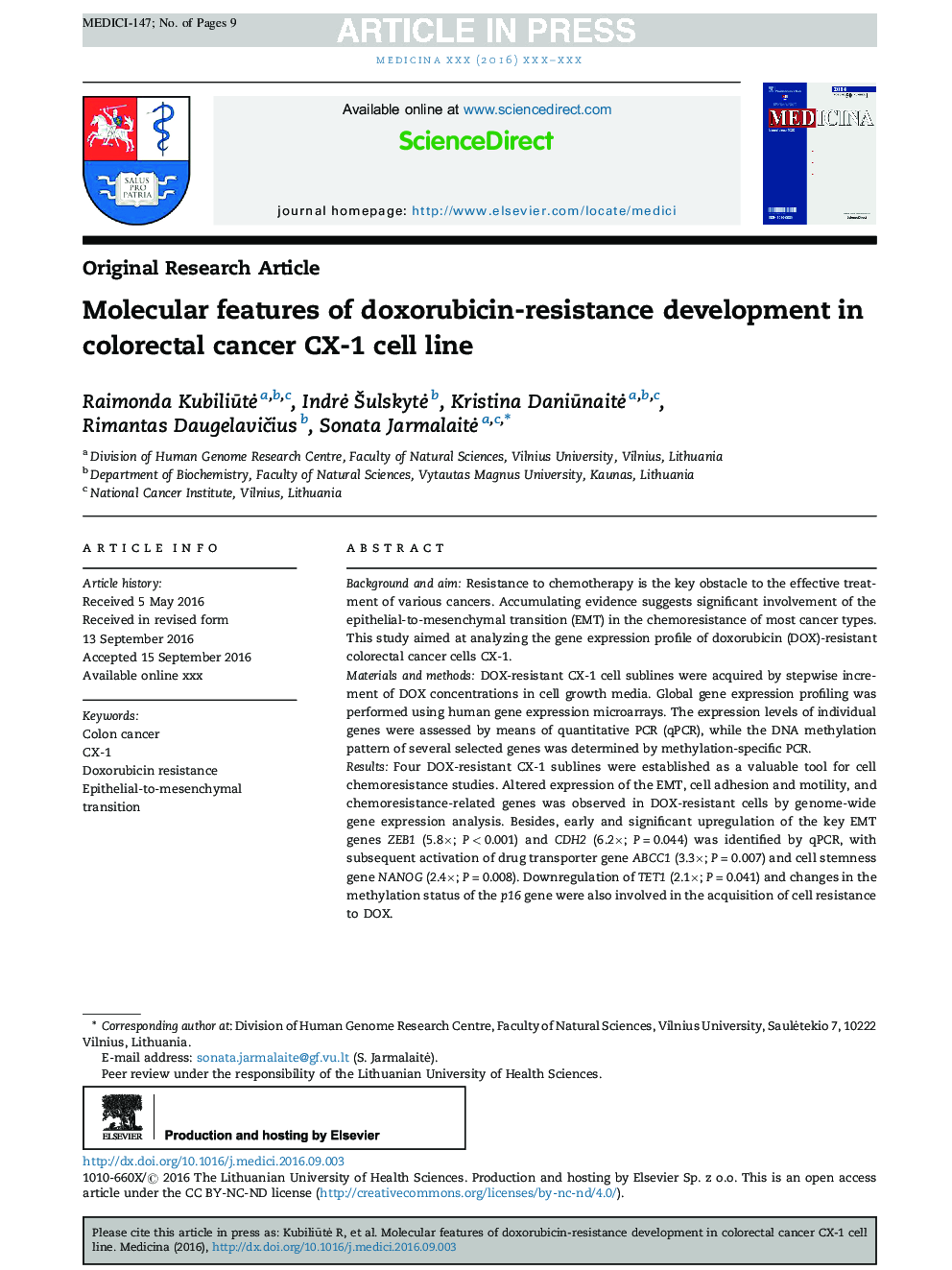 Molecular features of doxorubicin-resistance development in colorectal cancer CX-1 cell line