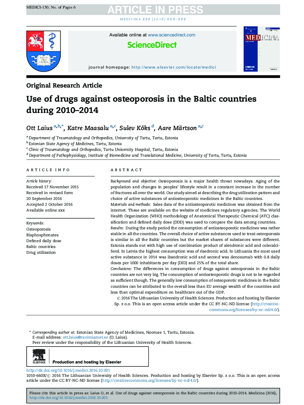 Use of drugs against osteoporosis in the Baltic countries during 2010-2014