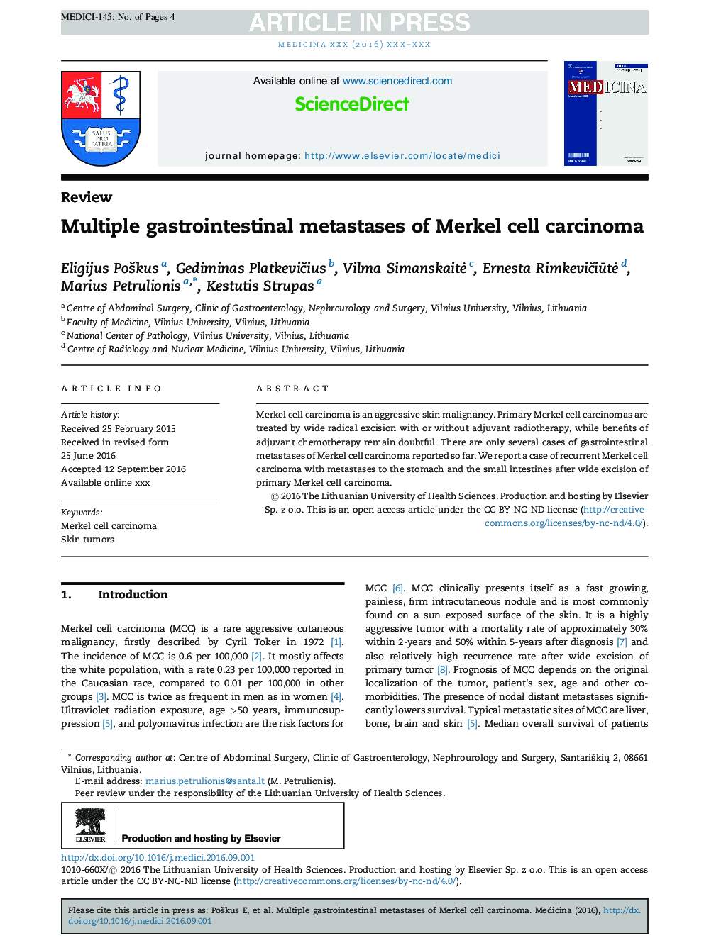 Multiple gastrointestinal metastases of Merkel cell carcinoma