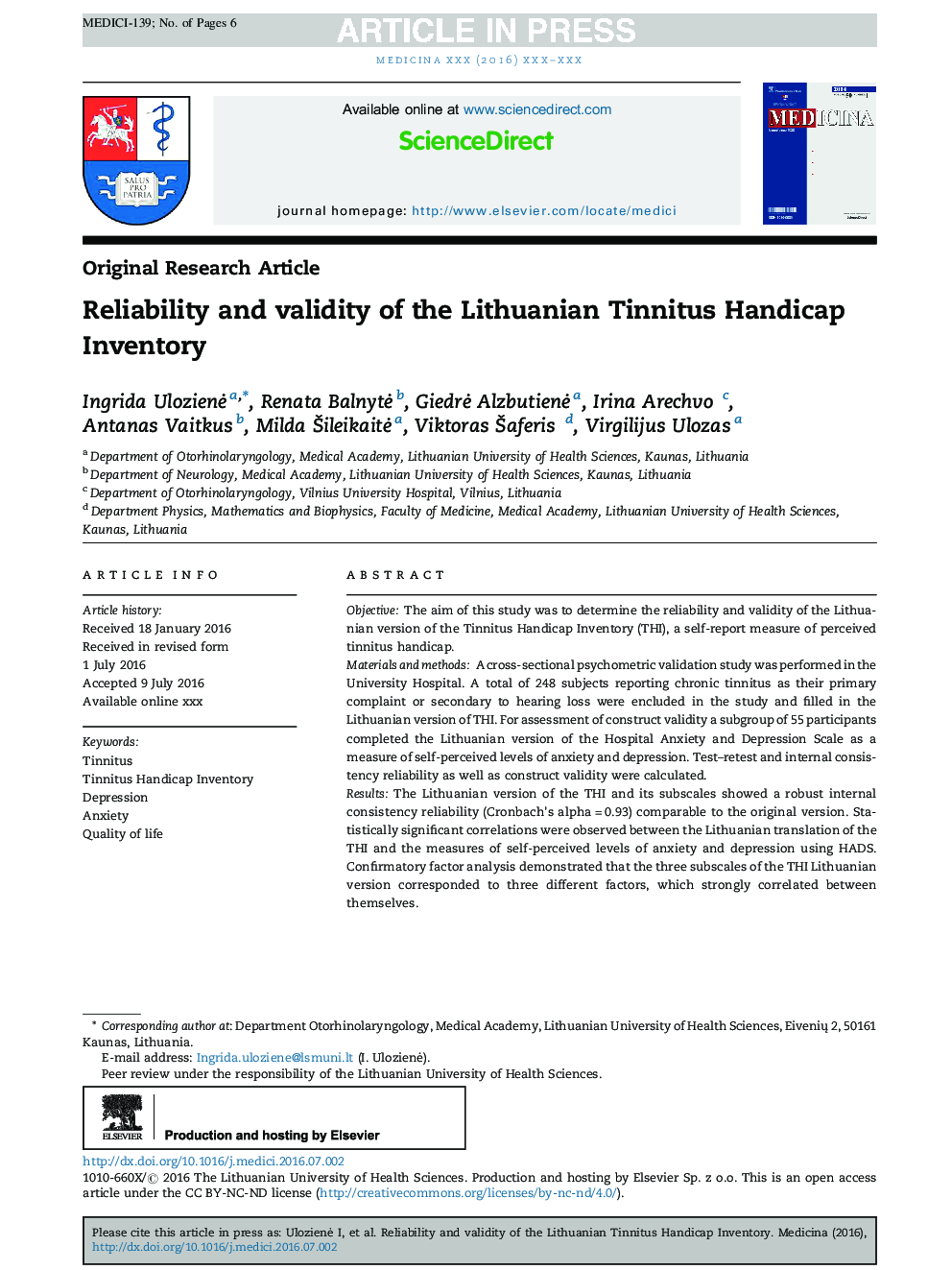 Reliability and validity of the Lithuanian Tinnitus Handicap Inventory
