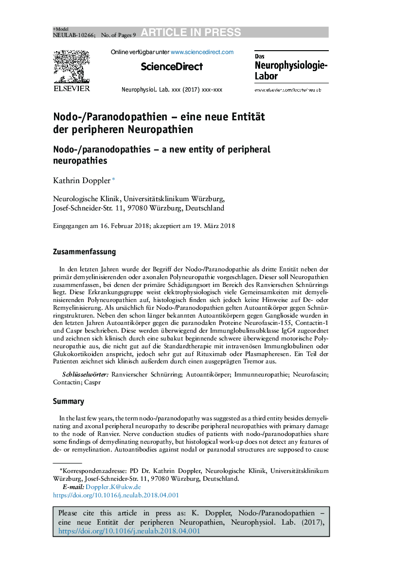 Nodo-/Paranodopathien - eine neue Entität der peripheren Neuropathien