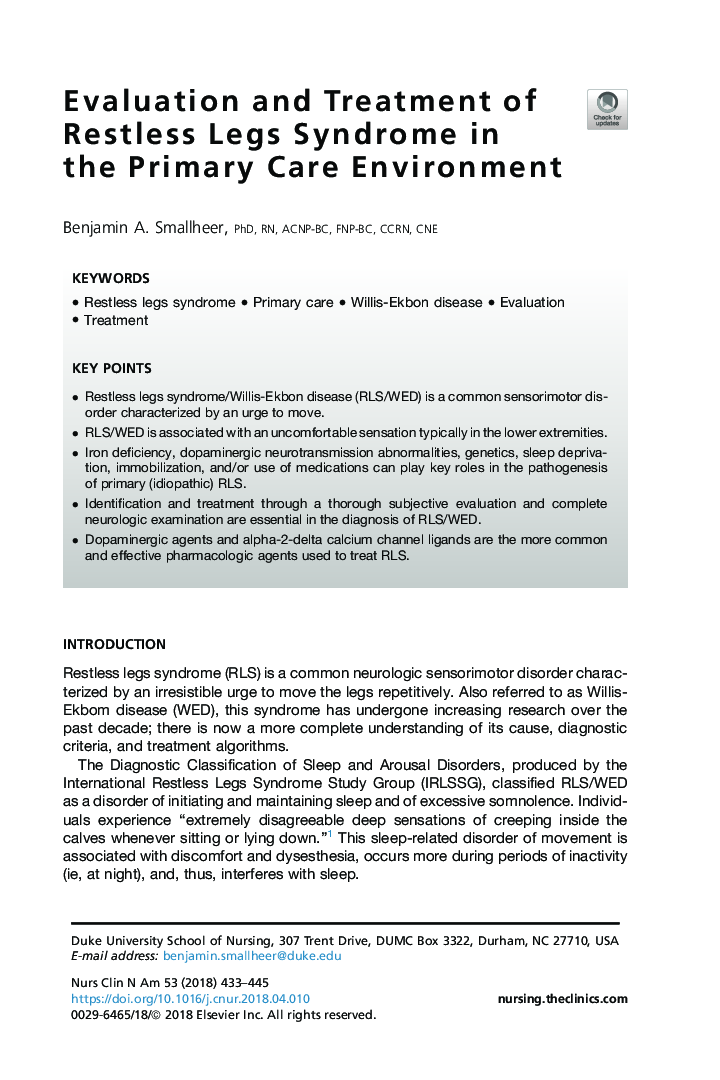 Evaluation and Treatment of Restless Legs Syndrome in the Primary Care Environment