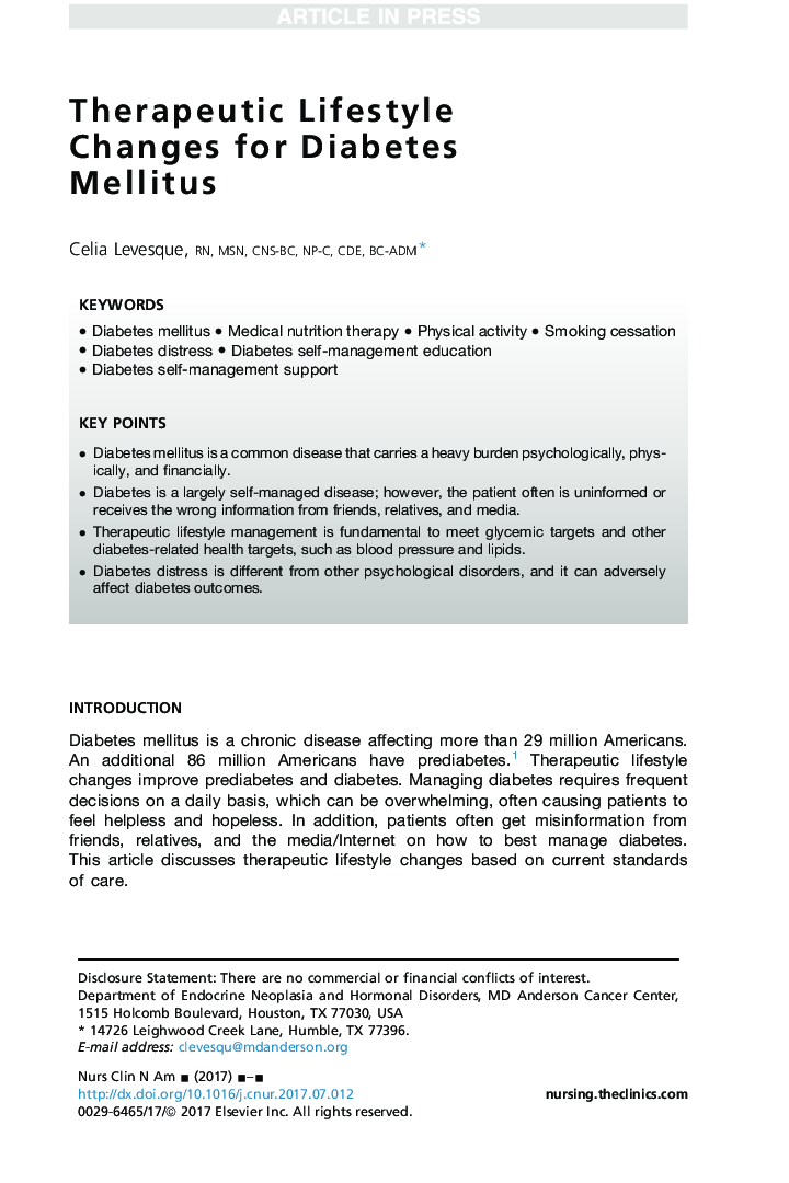 Therapeutic Lifestyle Changes for Diabetes Mellitus