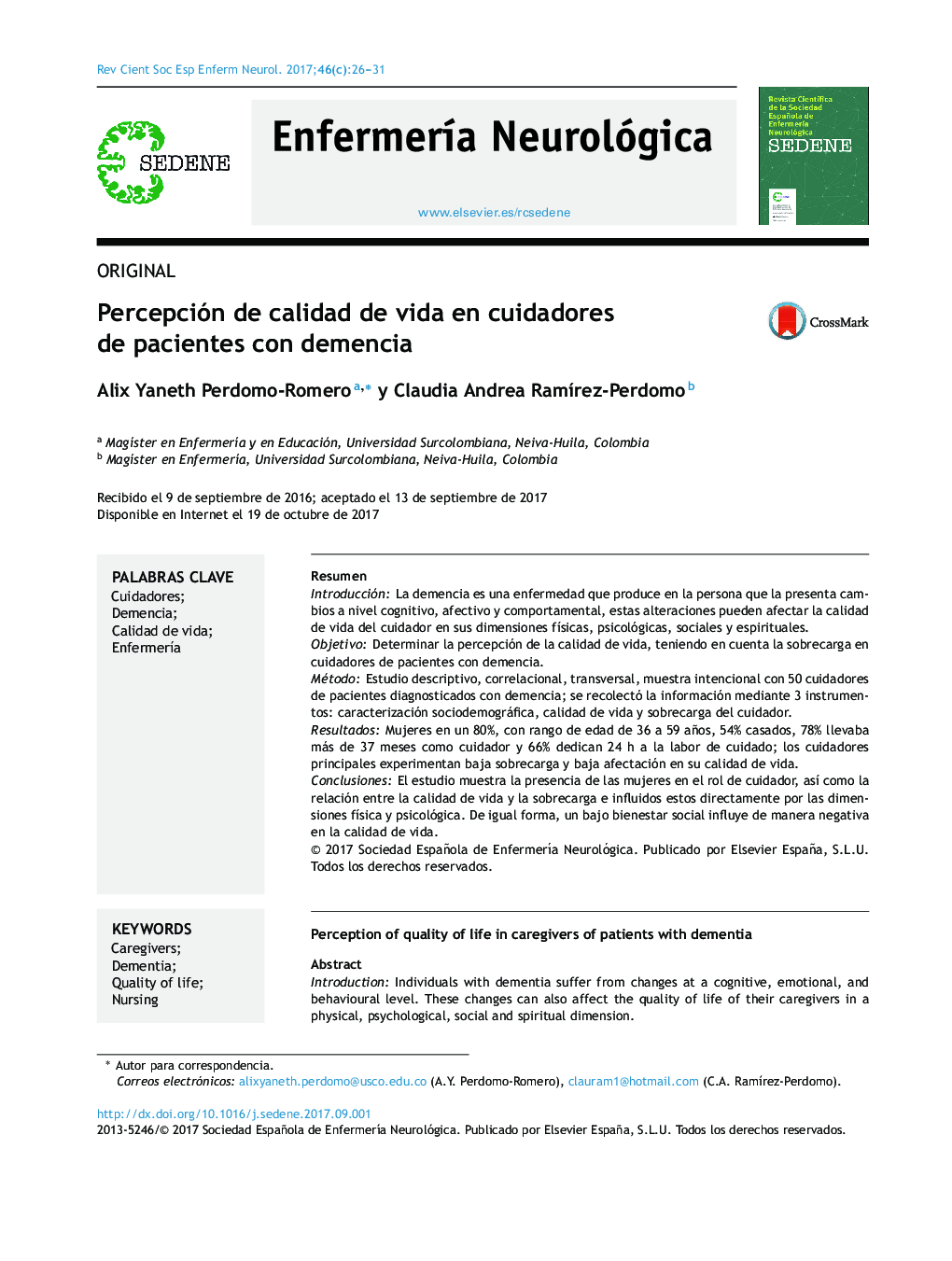 Percepción de calidad de vida en cuidadores de pacientes con demencia