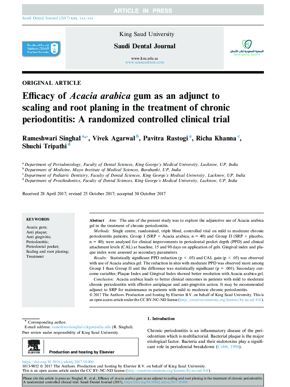 Efficacy of Acacia arabica gum as an adjunct to scaling and root planing in the treatment of chronic periodontitis: A randomized controlled clinical trial