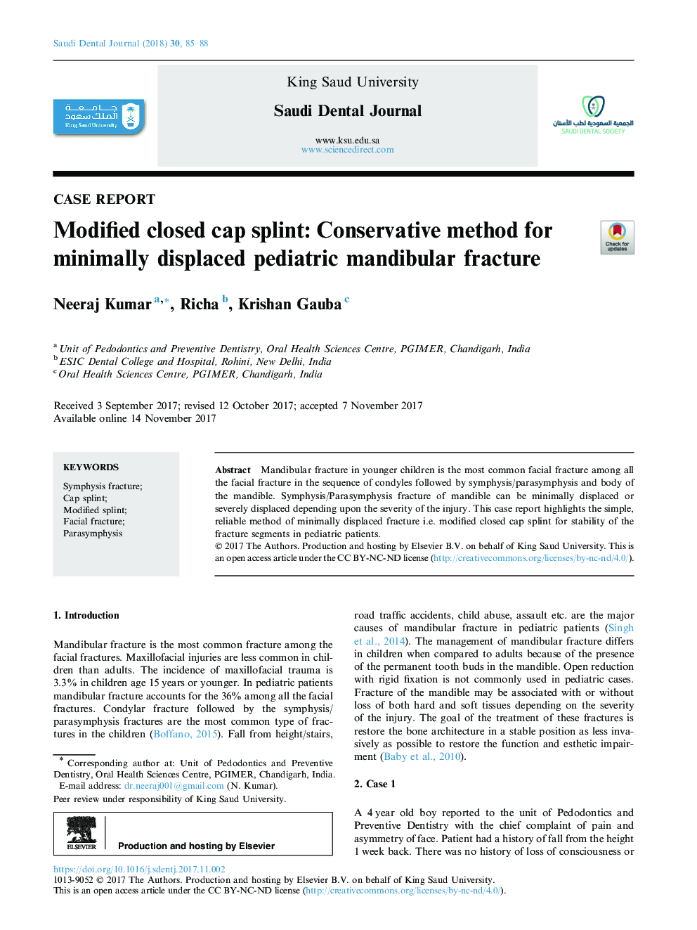 Modified closed cap splint: Conservative method for minimally displaced pediatric mandibular fracture