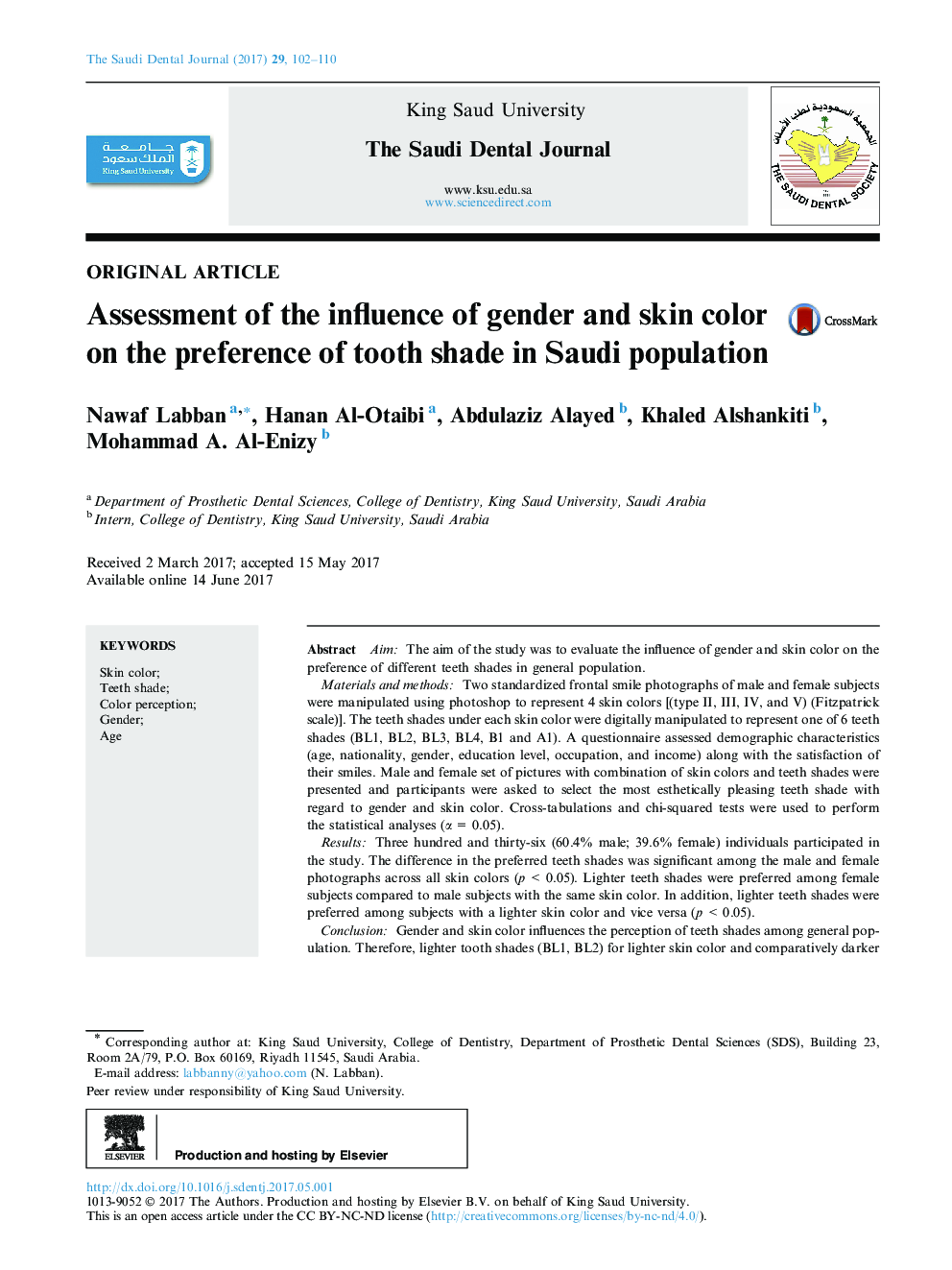 بررسی تاثیر جنسیت و رنگ پوست بر ترجیح سایه دندان در جمعیت عربستان سعودی 