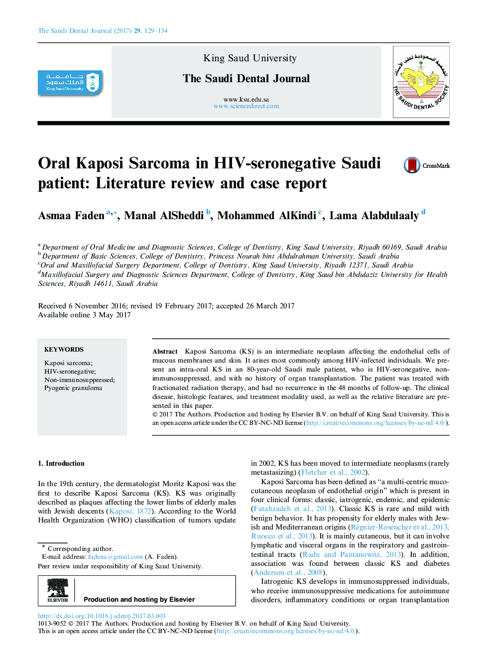 Oral Kaposi Sarcoma in HIV-seronegative Saudi patient: Literature review and case report