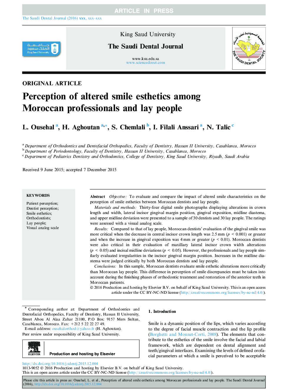 Perception of altered smile esthetics among Moroccan professionals and lay people