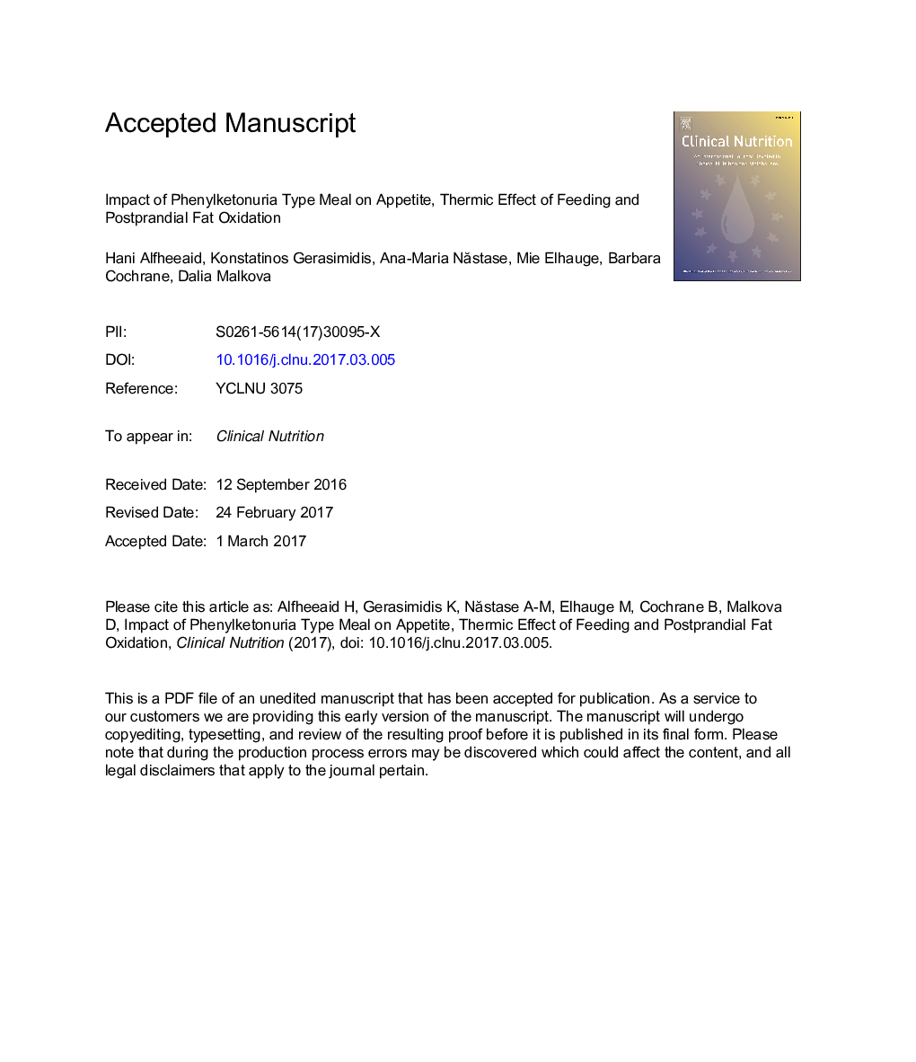 Impact of phenylketonuria type meal on appetite, thermic effect of feeding and postprandial fat oxidation