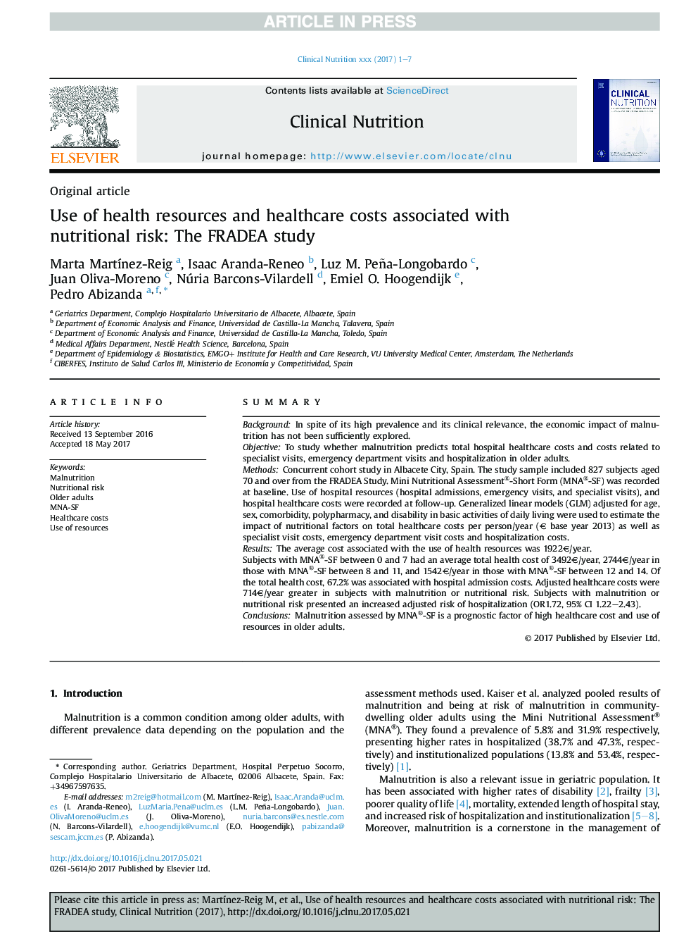 Use of health resources and healthcare costs associated with nutritional risk: The FRADEA study