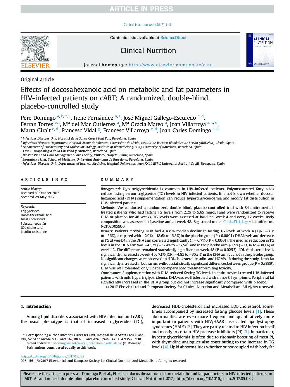 عکس صفحه اول مقاله: Effects of docosahexanoic acid on metabolic and fat parameters in HIV-infected patients on cART: A randomized, double-blind, placebo-controlled study Effects of docosahexanoic acid on metabolic and fat parameters in HIV-infected patients on cART: A randomized, double-blind, placebo-controlled study