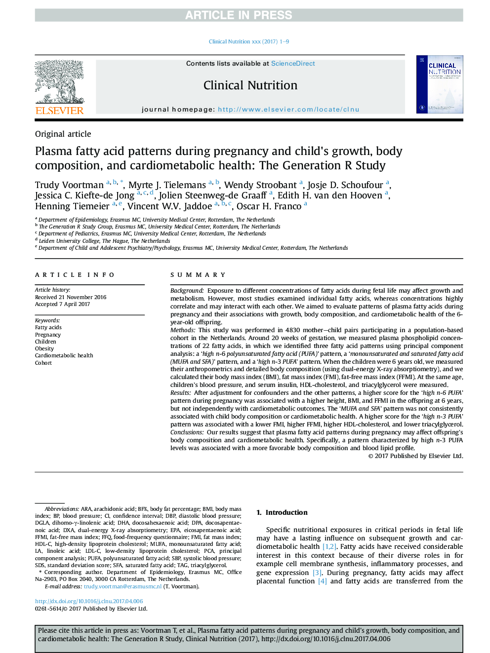 Plasma fatty acid patterns during pregnancy and child's growth, body composition, and cardiometabolic health: The Generation R Study