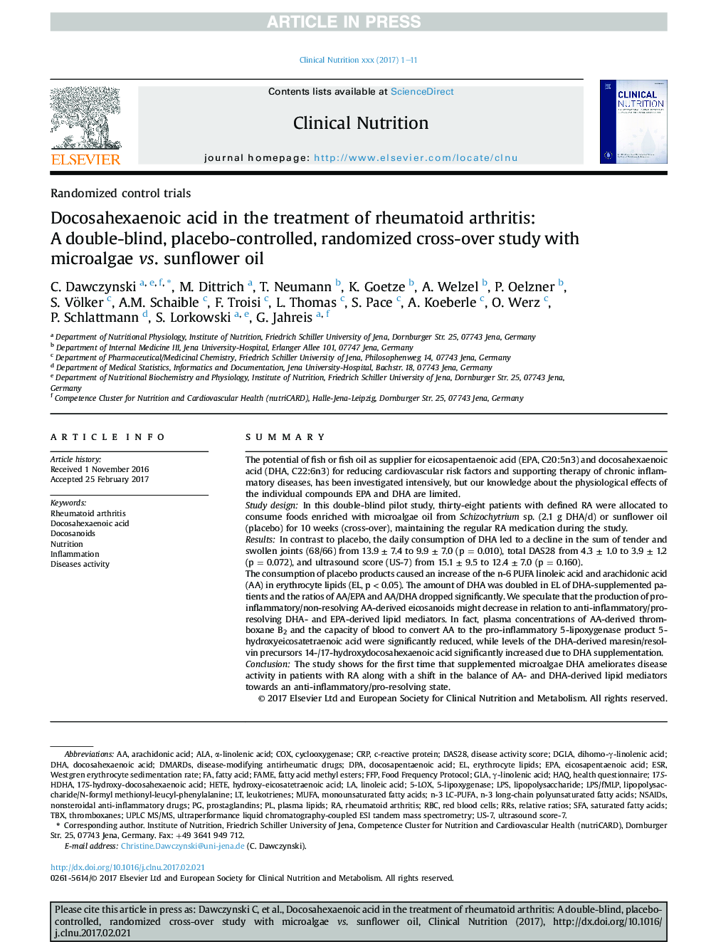 Docosahexaenoic acid in the treatment of rheumatoid arthritis: AÂ double-blind, placebo-controlled, randomized cross-over study with microalgae vs. sunflower oil