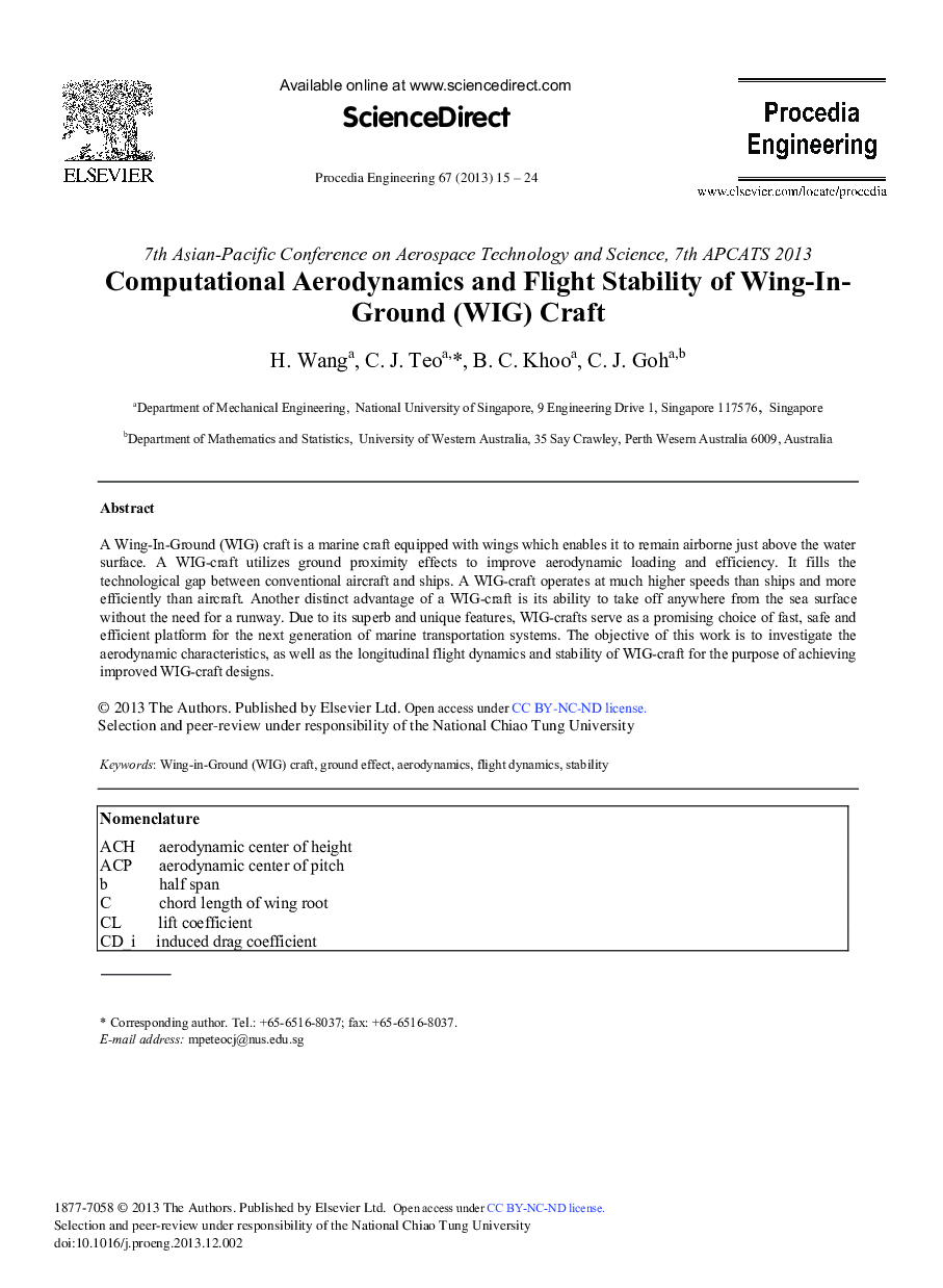Computational Aerodynamics and Flight Stability of Wing-In-Ground (WIG) Craft 
