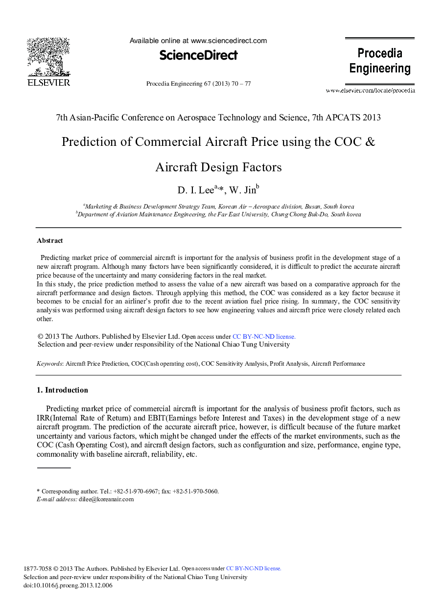 Prediction of Commercial Aircraft Price Using the COC & Aircraft Design Factors 