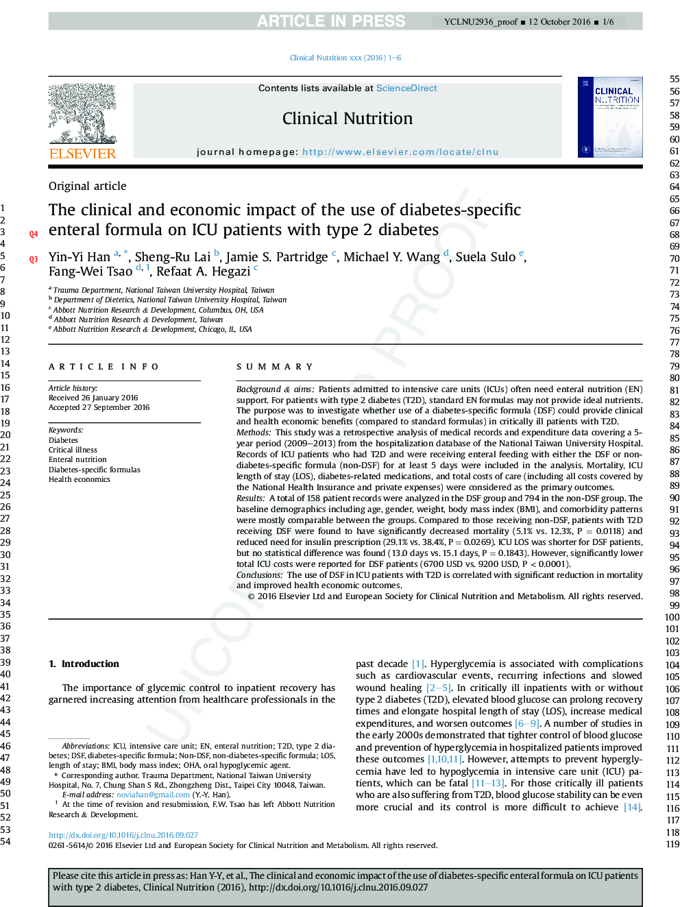 The clinical and economic impact of the use of diabetes-specific enteral formula on ICU patients with type 2 diabetes