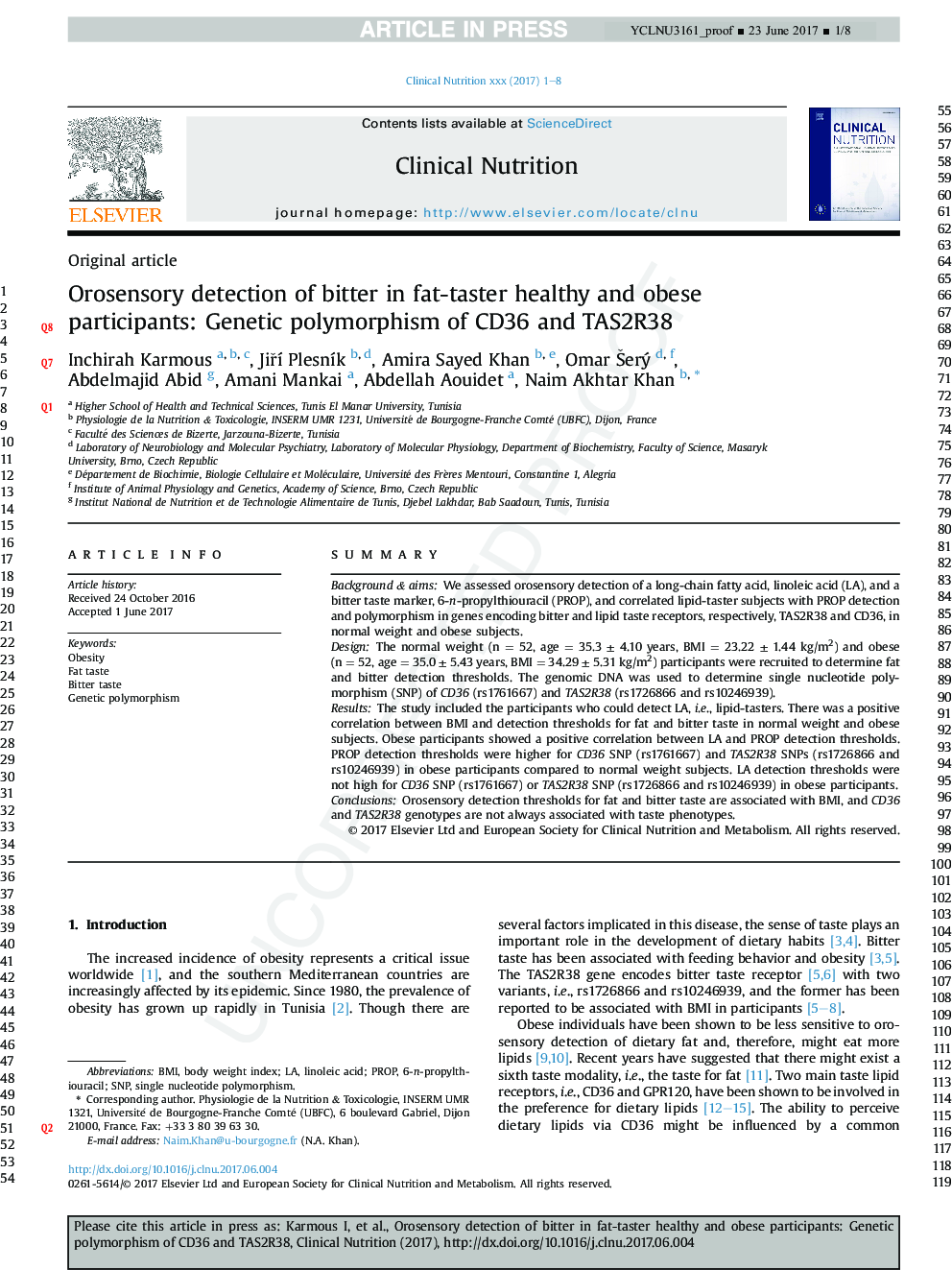 Orosensory detection of bitter in fat-taster healthy and obese participants: Genetic polymorphism of CD36 and TAS2R38