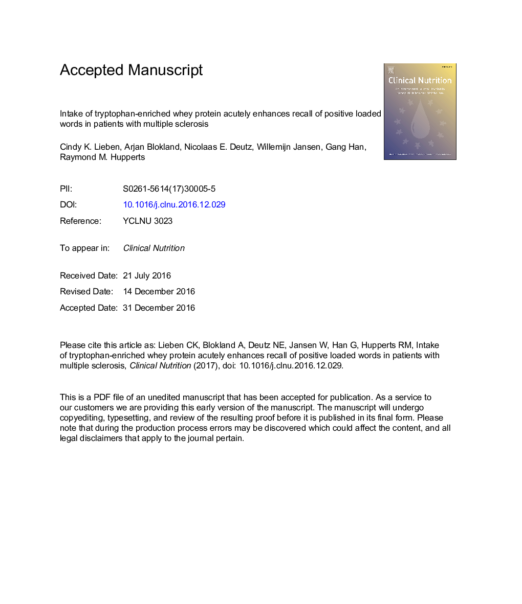 Intake of tryptophan-enriched whey protein acutely enhances recall of positive loaded words in patients with multiple sclerosis