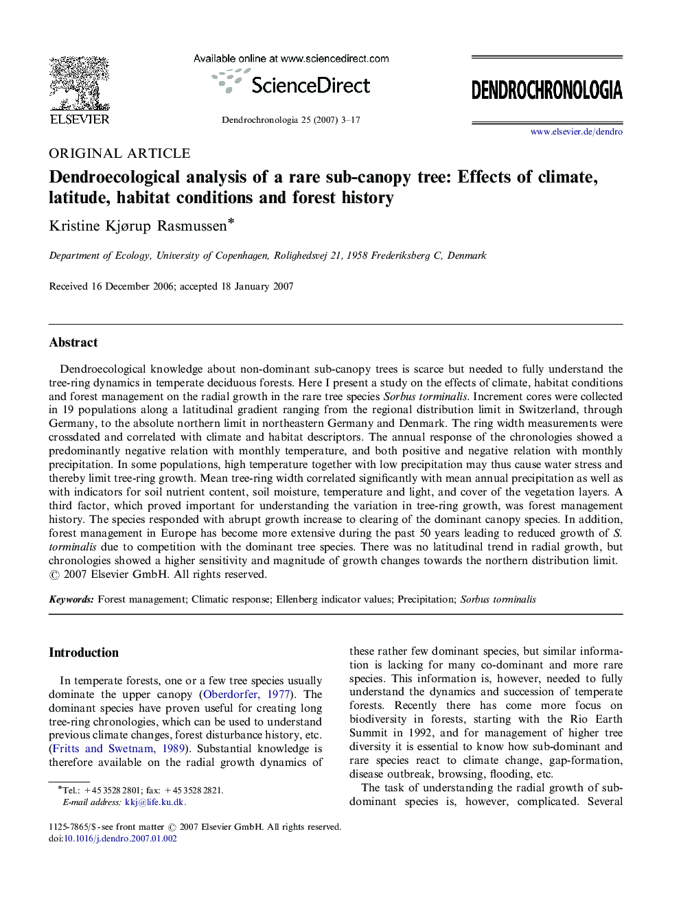 Dendroecological analysis of a rare sub-canopy tree: Effects of climate, latitude, habitat conditions and forest history