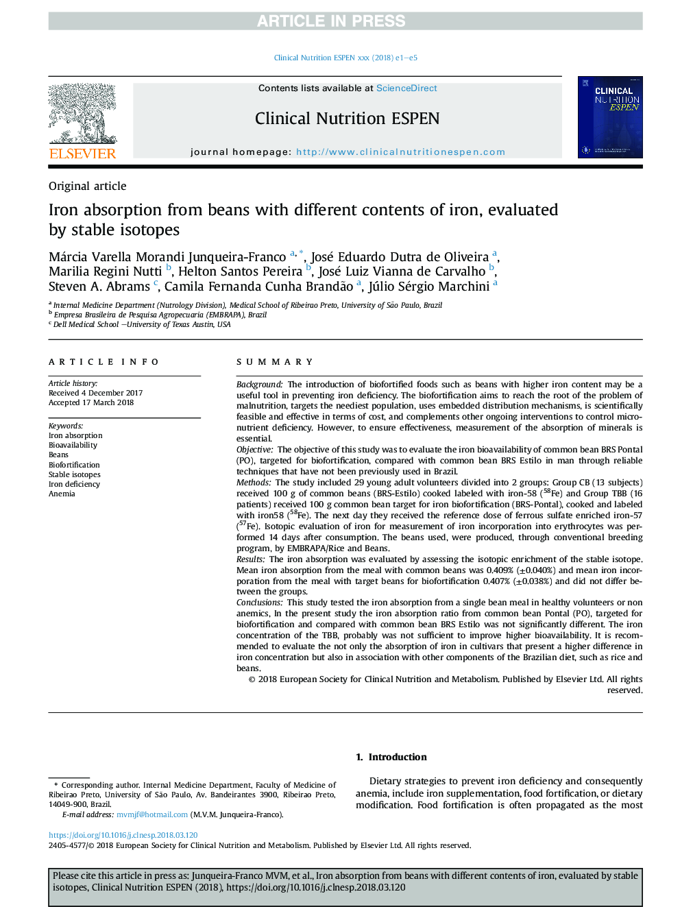 Iron absorption from beans with different contents of iron, evaluated by stable isotopes