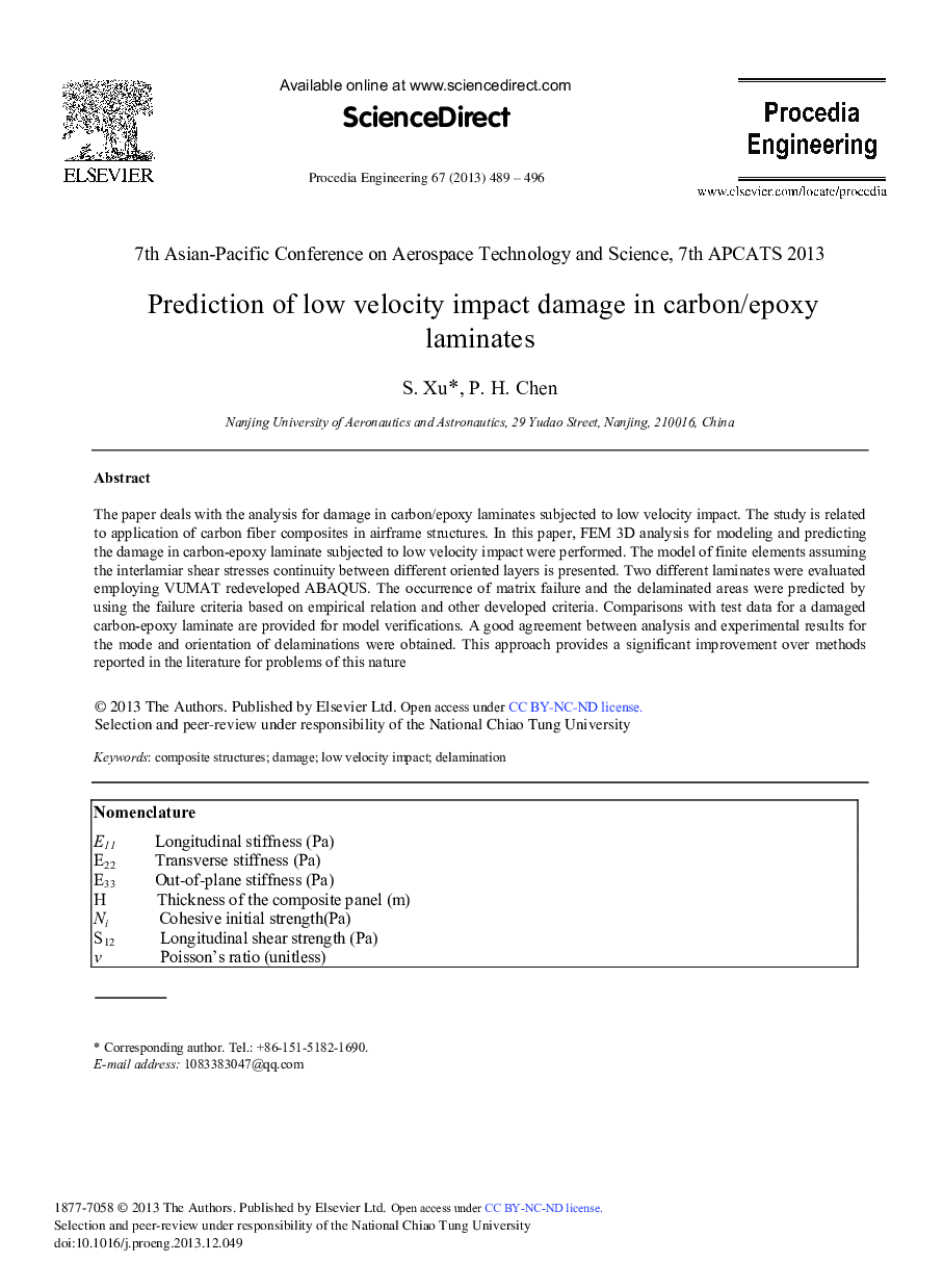 Prediction of Low Velocity Impact Damage in carbon/epoxy Laminates 