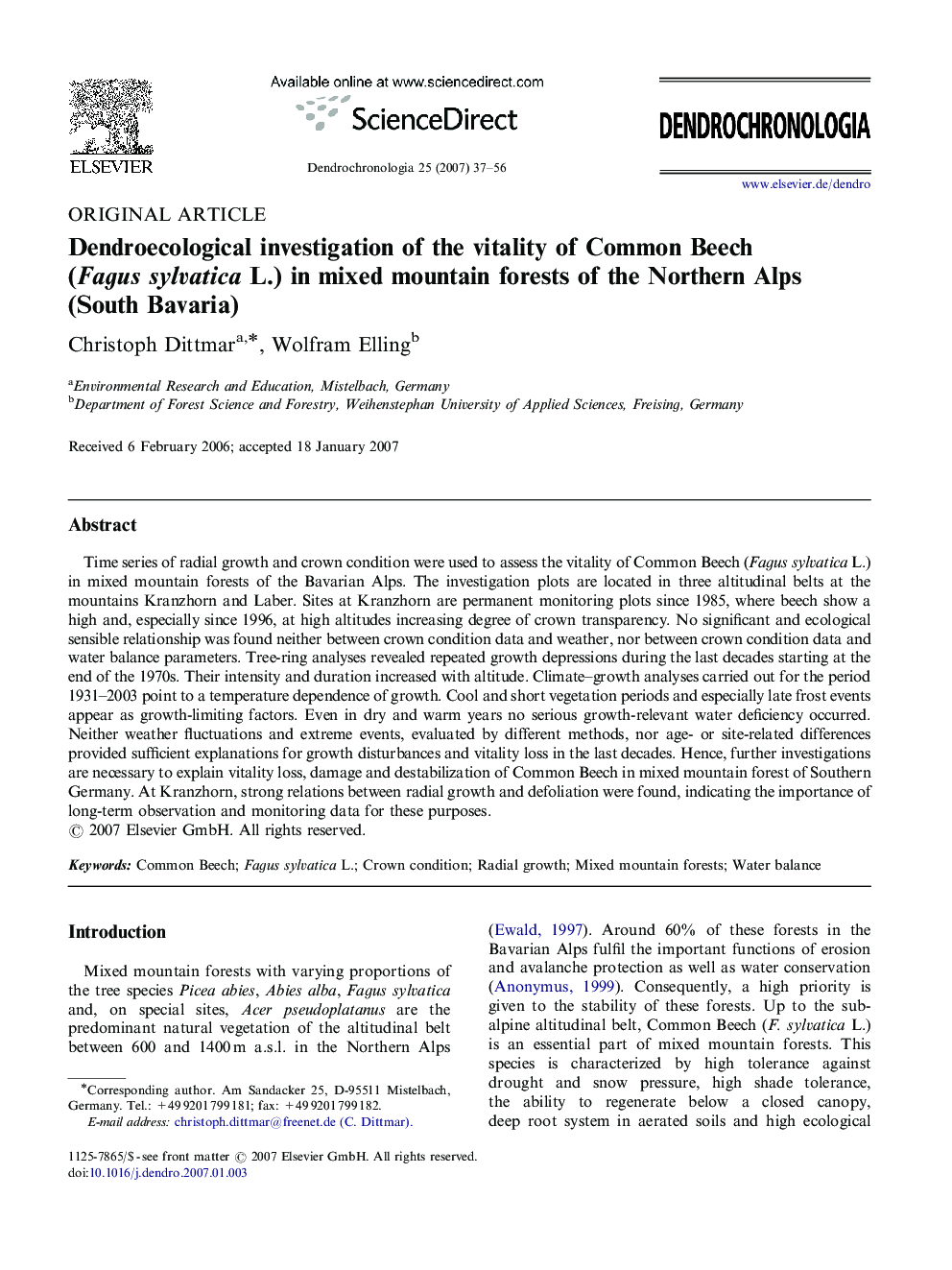 Dendroecological investigation of the vitality of Common Beech (Fagus sylvatica L.) in mixed mountain forests of the Northern Alps (South Bavaria)