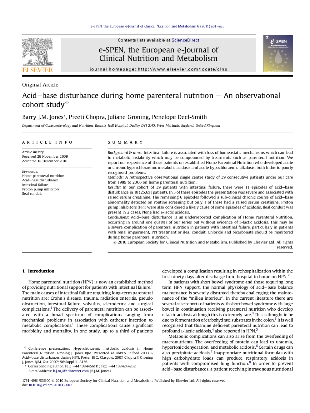 Acid-base disturbance during home parenteral nutrition - An observational cohort study