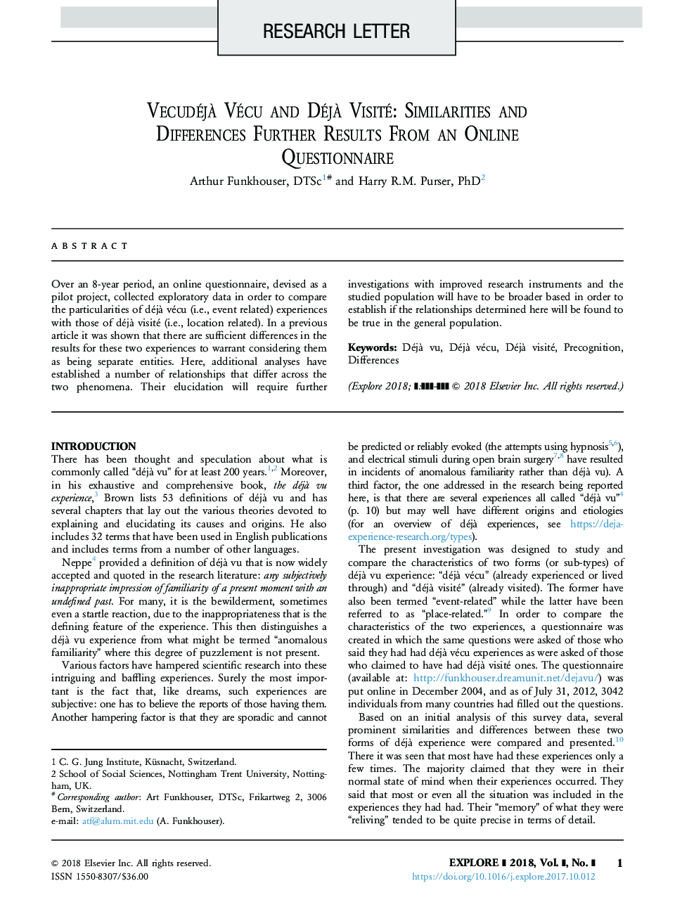 DéjÃ  Vécu and DéjÃ  Visité: Similarities and Differences: Further Results From an Online Questionnaire