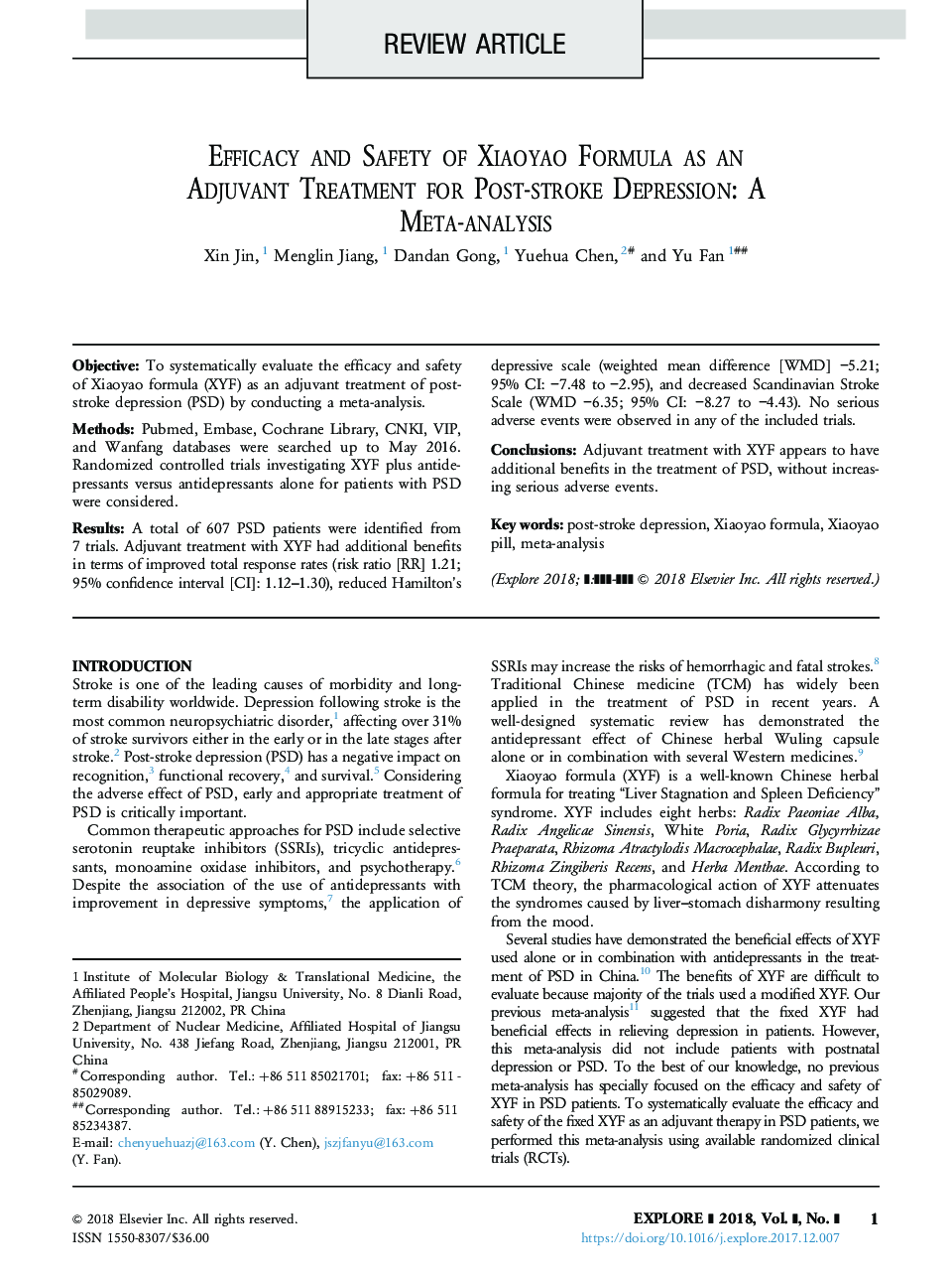 Efficacy and Safety of Xiaoyao Formula as an Adjuvant Treatment for Post-Stroke Depression: A Meta-Analysis