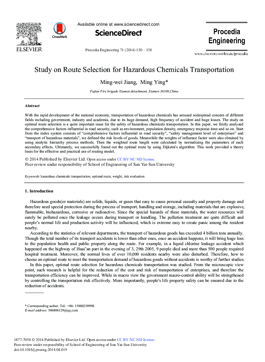 Study on Route Selection for Hazardous Chemicals Transportation 