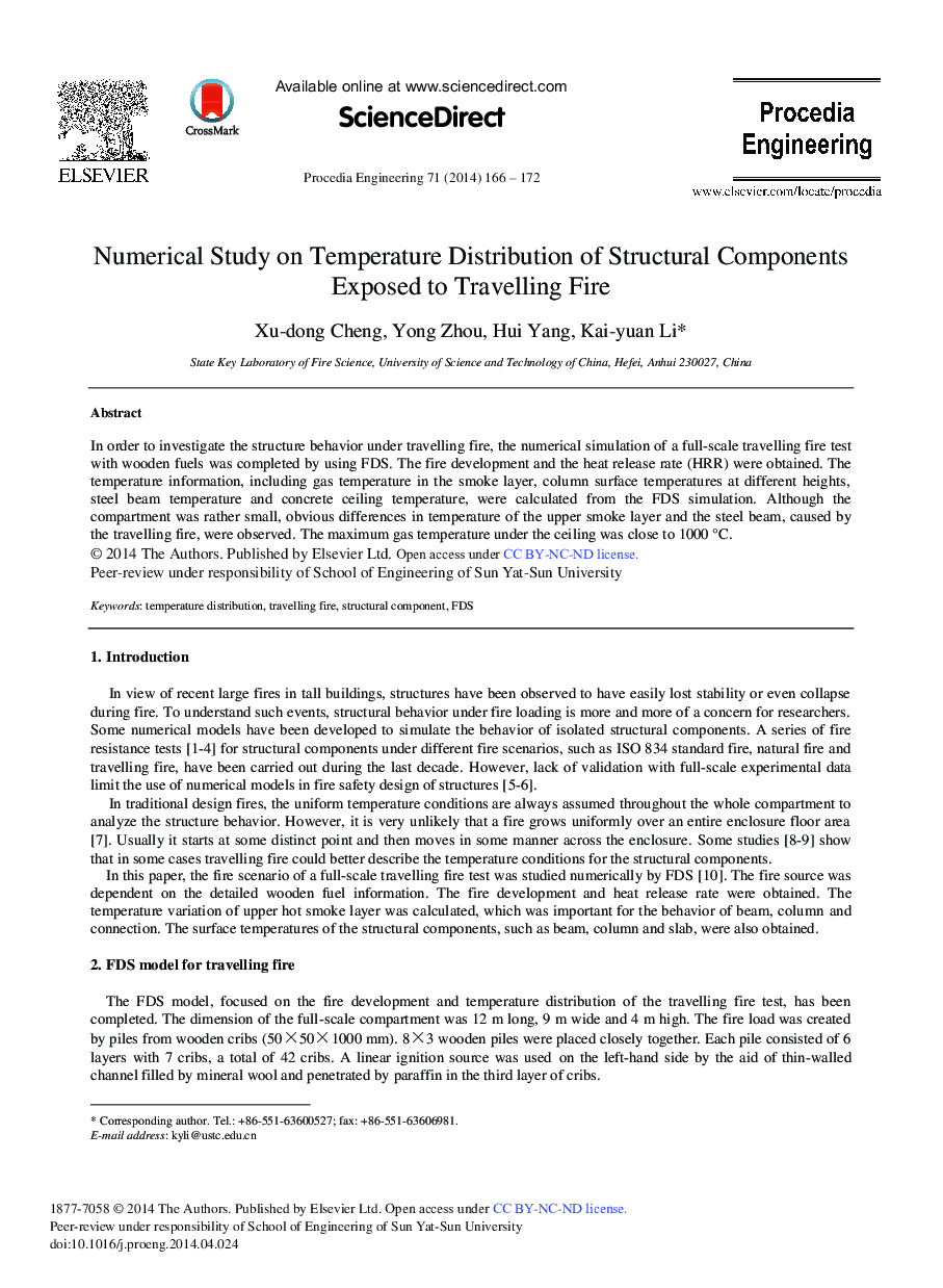 Numerical Study on Temperature Distribution of Structural Components Exposed to Travelling Fire 