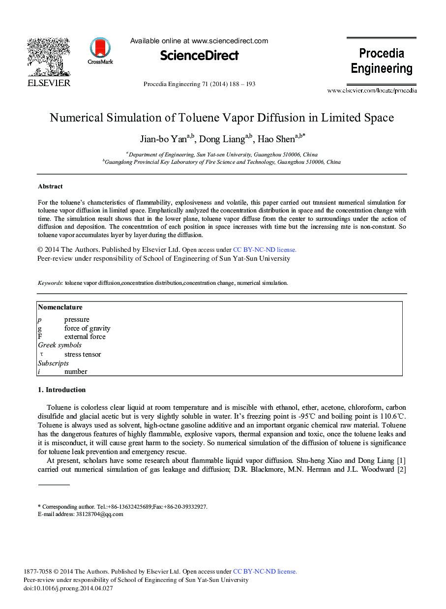 Numerical Simulation of Toluene Vapor Diffusion in Limited Space 