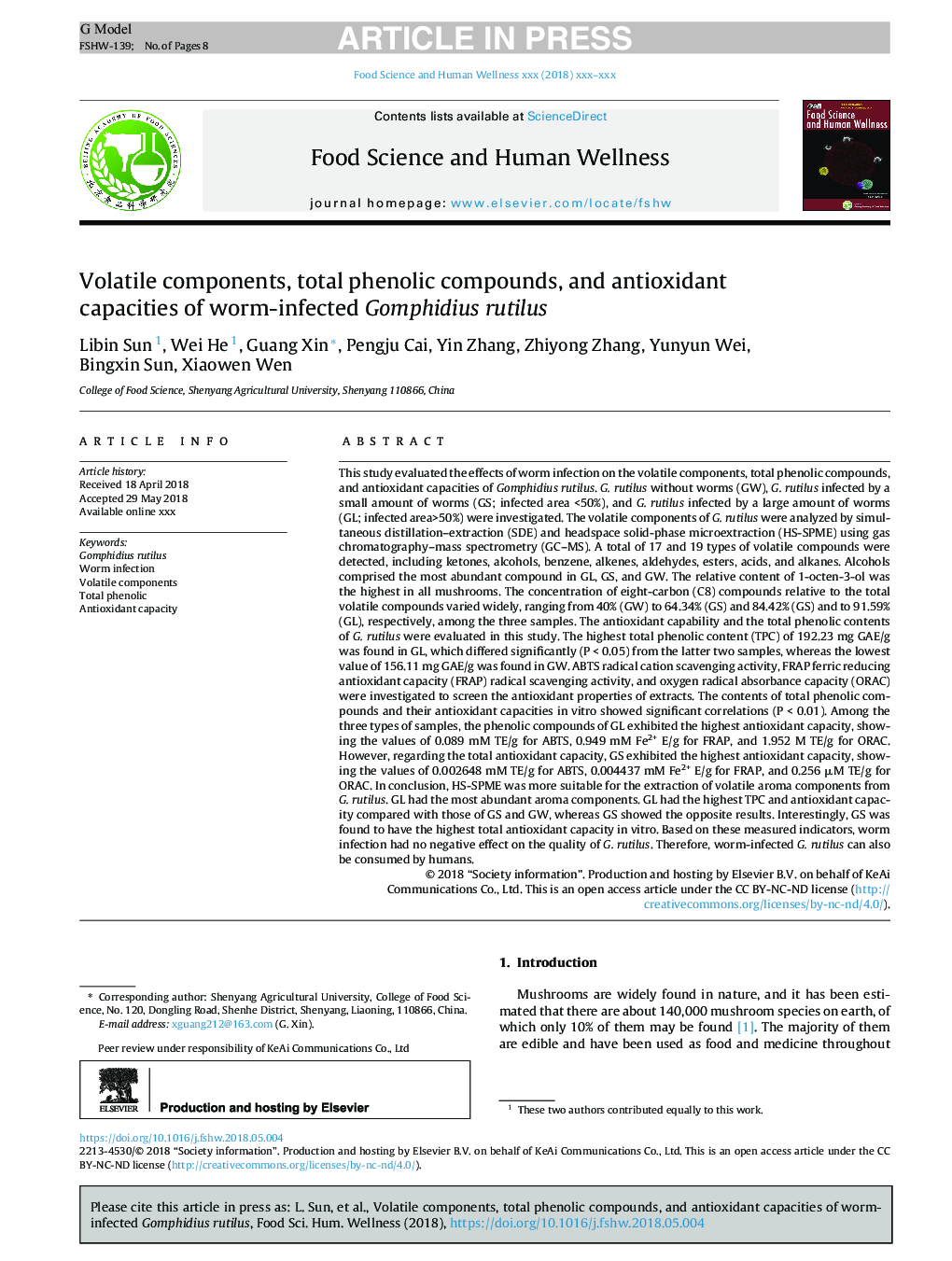 Volatile components, total phenolic compounds, and antioxidant capacities of worm-infected Gomphidius rutilus