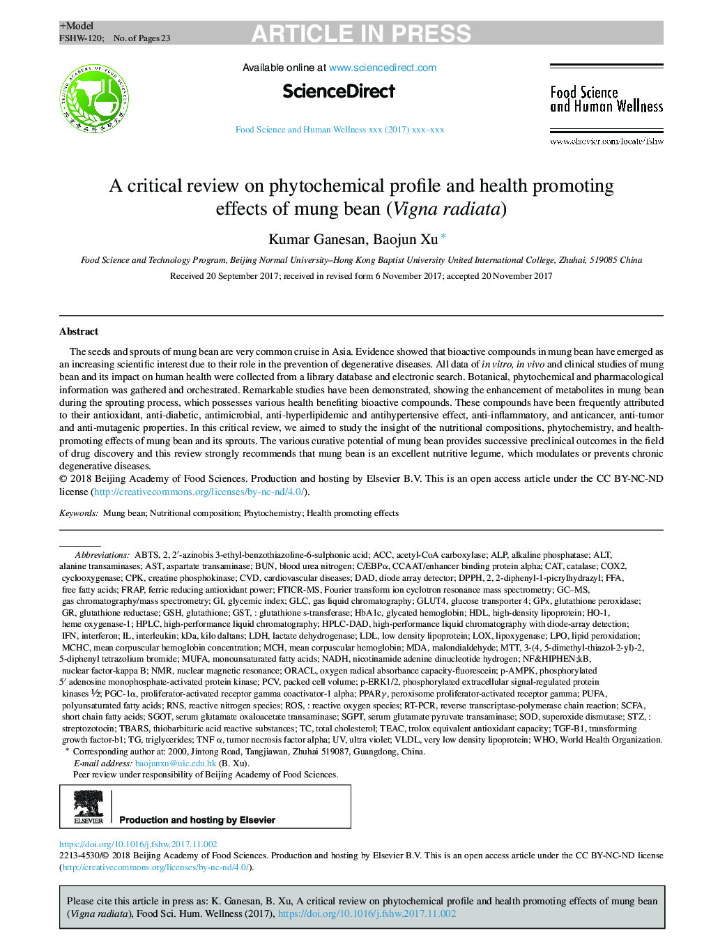 A critical review on phytochemical profile and health promoting effects of mung bean (Vigna radiata)