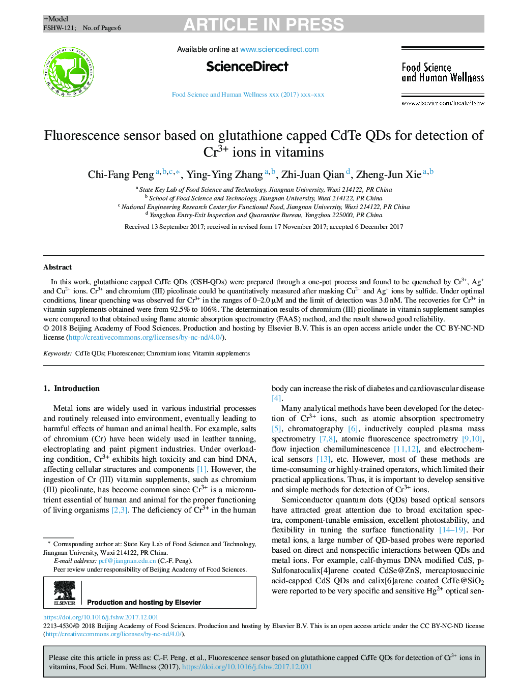 Fluorescence sensor based on glutathione capped CdTe QDs for detection of Cr3+ ions in vitamins