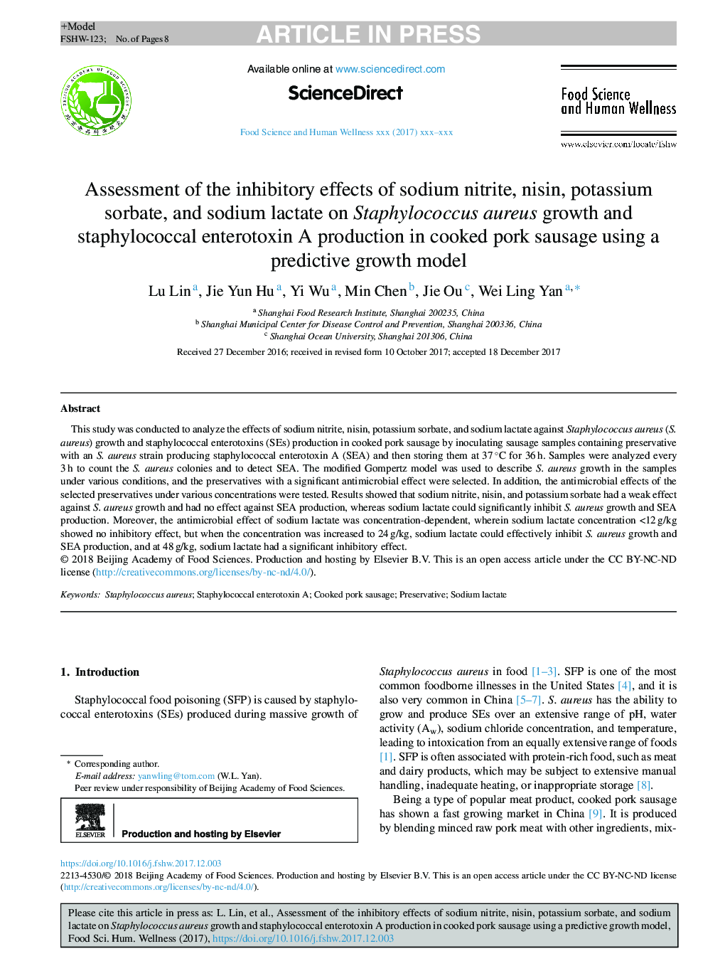 Assessment of the inhibitory effects of sodium nitrite, nisin, potassium sorbate, and sodium lactate on Staphylococcus aureus growth and staphylococcal enterotoxin A production in cooked pork sausage using a predictive growth model