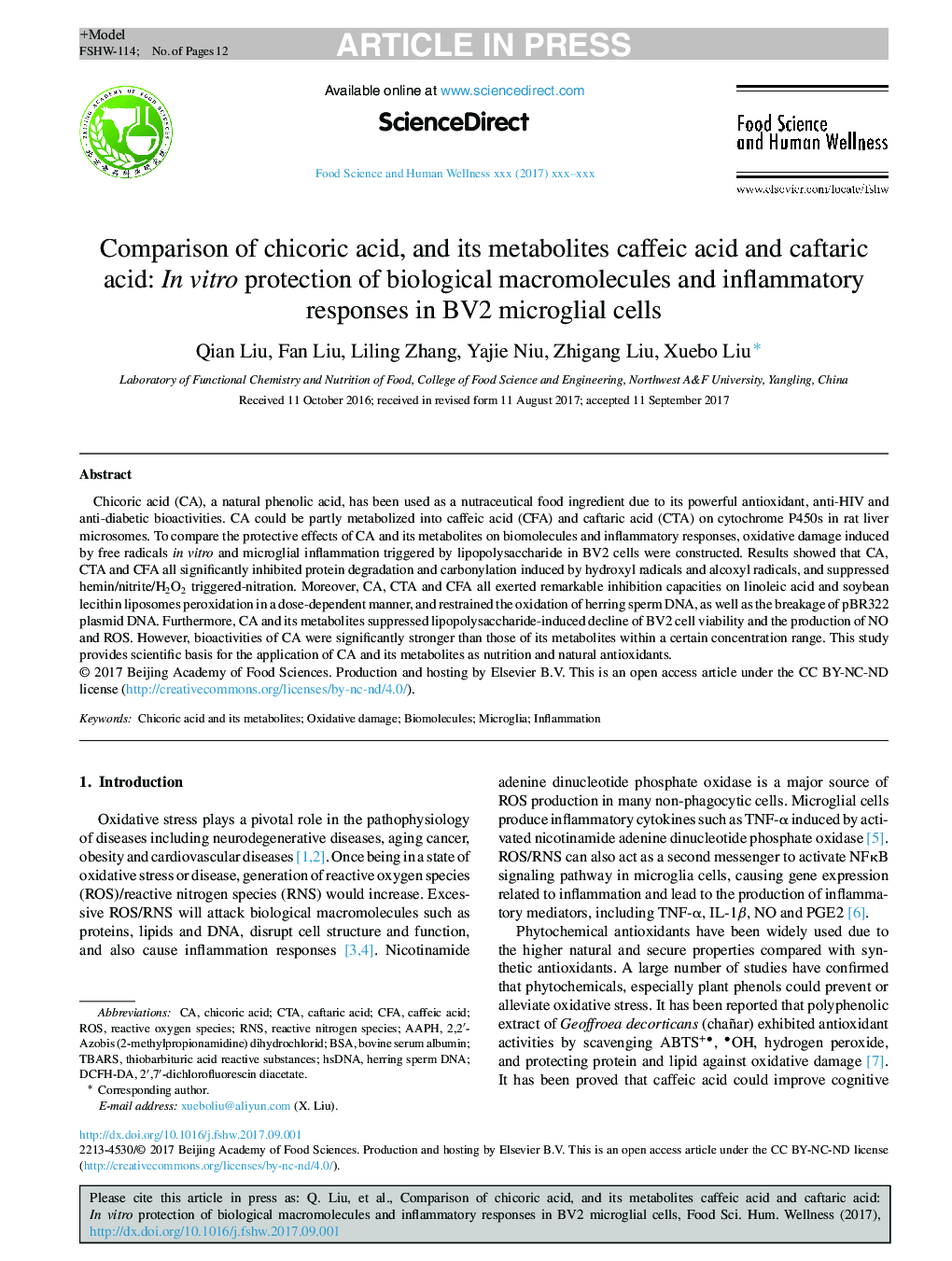 Comparison of chicoric acid, and its metabolites caffeic acid and caftaric acid: In vitro protection of biological macromolecules and inflammatory responses in BV2 microglial cells