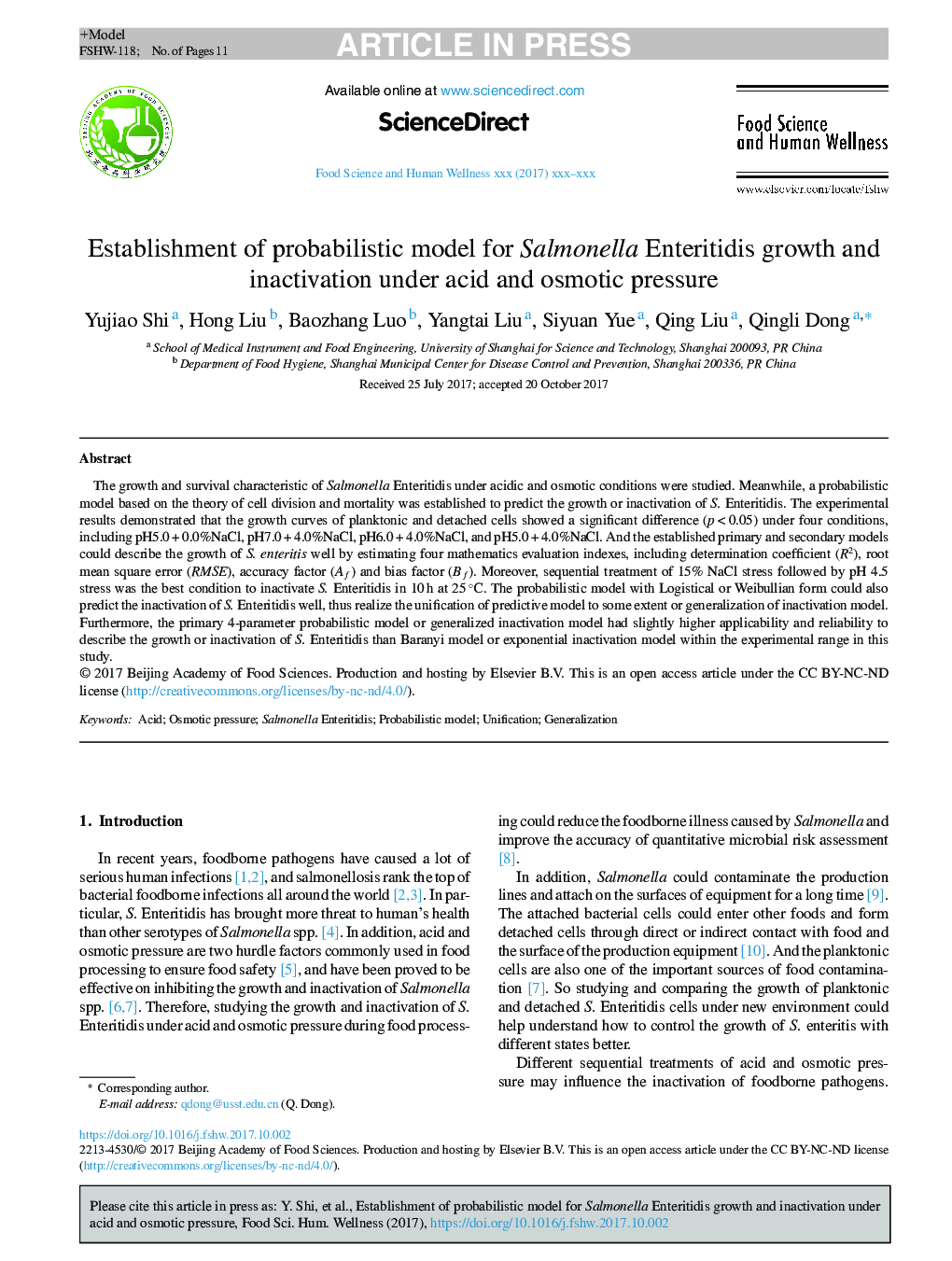 Establishment of probabilistic model for Salmonella Enteritidis growth and inactivation under acid and osmotic pressure