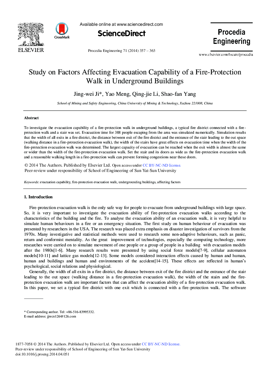 Study on Factors Affecting Evacuation Capability of a Fire-protection Walk in Underground Buildings 