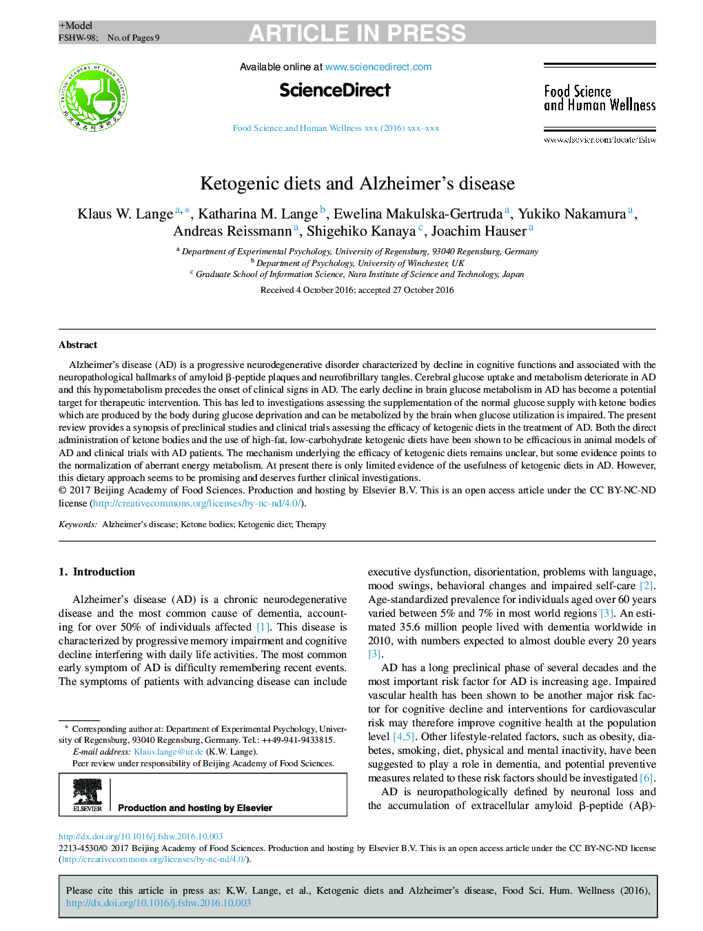 Ketogenic diets and Alzheimer's disease