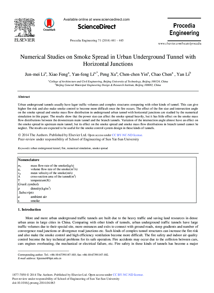 Numerical Studies on Smoke Spread in Urban Underground Tunnel with Horizontal Junctions 