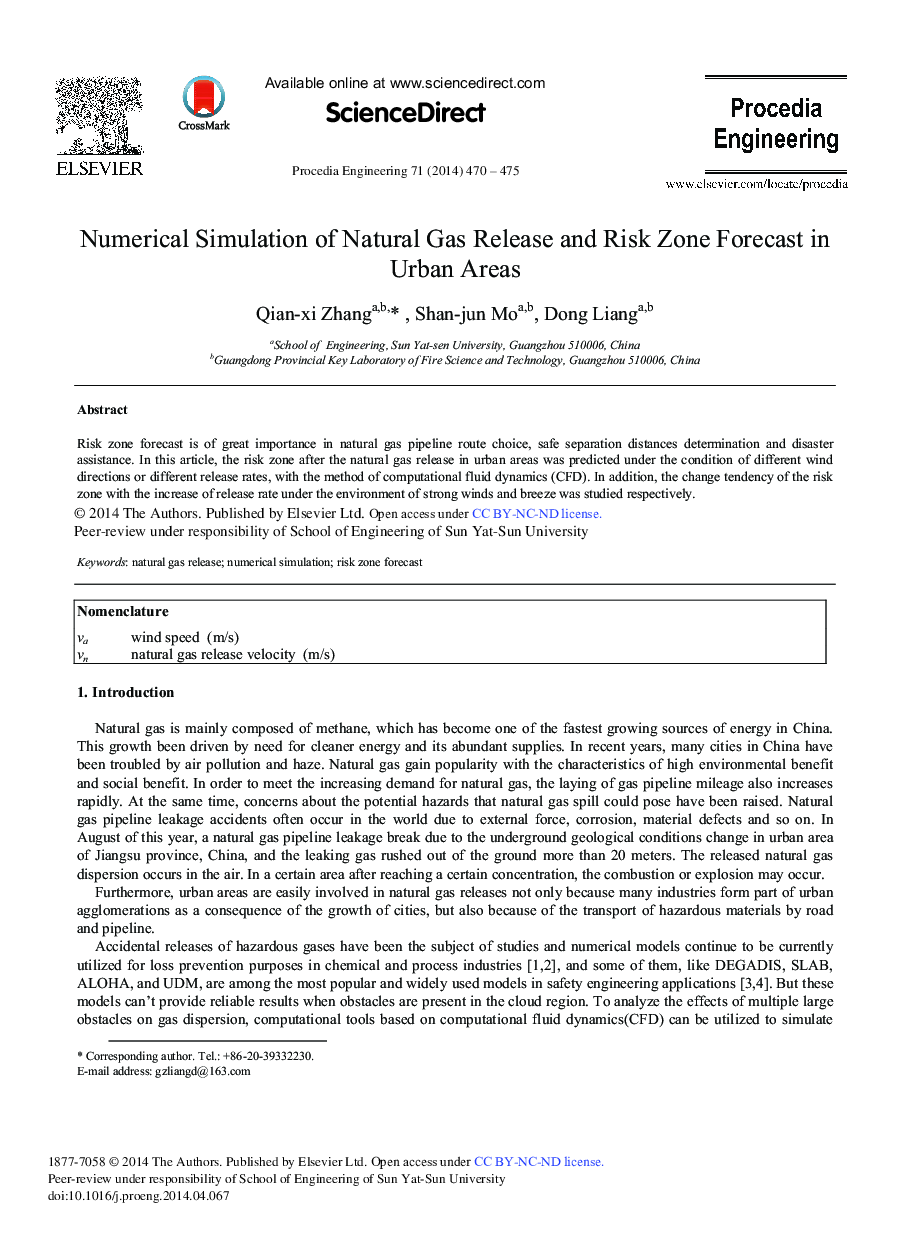 Numerical Simulation of Natural Gas Release and Risk Zone Forecast in Urban Areas 