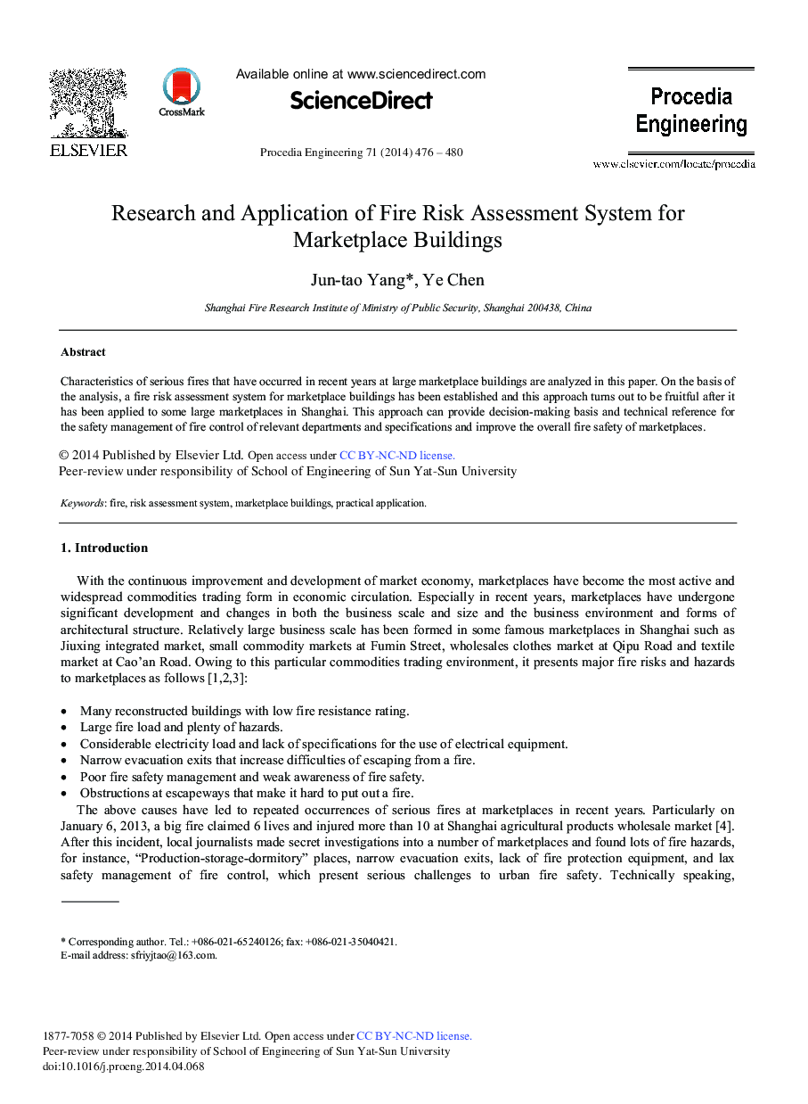 Research and Application of Fire Risk Assessment System for Marketplace Buildings 