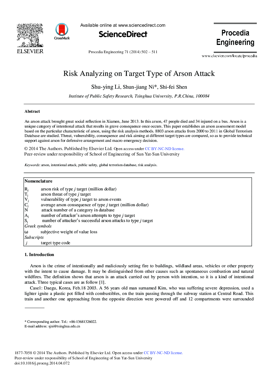 Risk Analyzing on Target Type of Arson Attack 