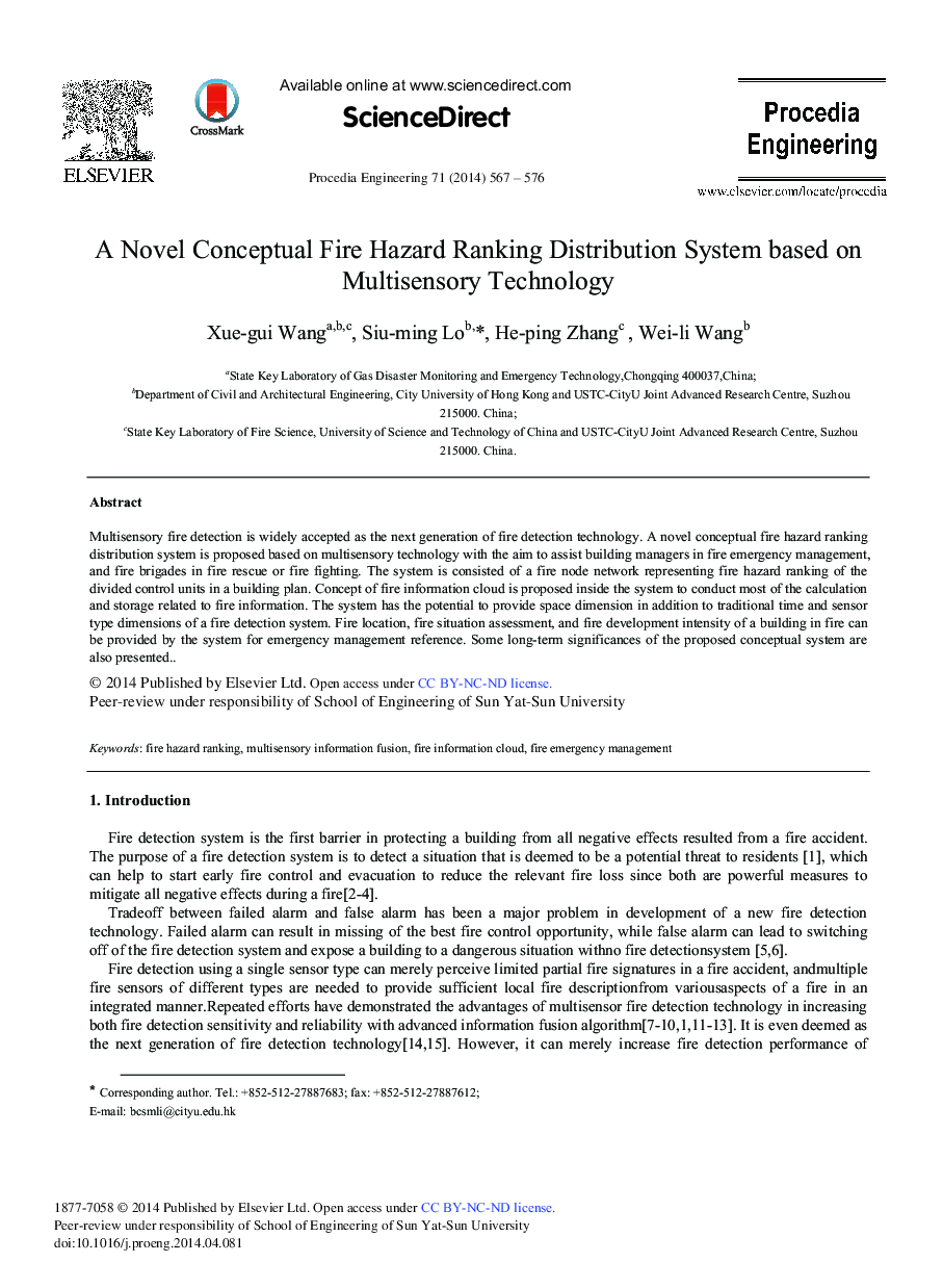 A Novel Conceptual Fire Hazard Ranking Distribution System based on Multisensory Technology 